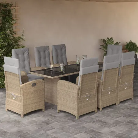 Ensemble à manger de jardin et coussins 9 pcs beige Poly rotin