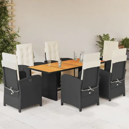 Ensemble à manger de jardin coussins 7pcs Noir Résine tressée