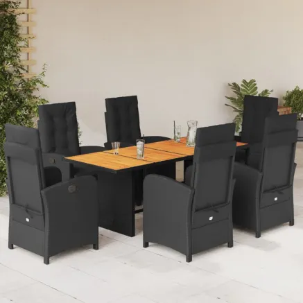 Ensemble à manger de jardin coussins 7pcs Noir Résine tressée