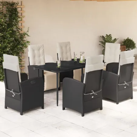 Ensemble à manger de jardin coussins 7pcs Noir Résine tressée