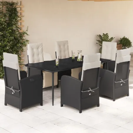 Ensemble à manger de jardin coussins 7pcs Noir Résine tressée
