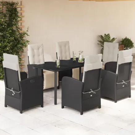 Ensemble à manger de jardin coussins 7pcs Noir Résine tressée
