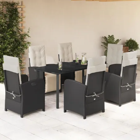 Ensemble à manger de jardin coussins 7pcs Noir Résine tressée