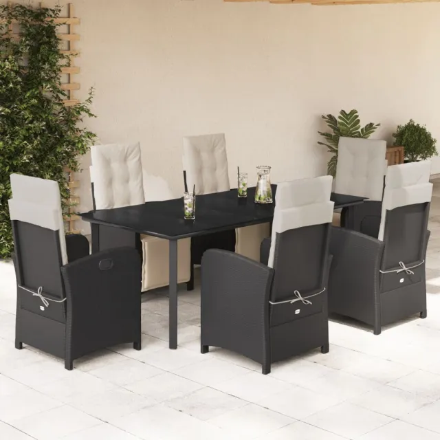 Ensemble à manger de jardin coussins 7pcs Noir Résine tressée