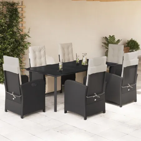 Ensemble à manger de jardin coussins 7pcs Noir Résine tressée