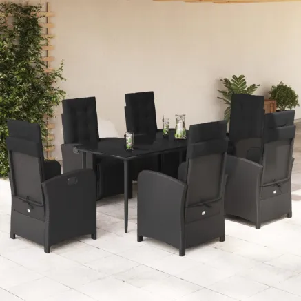 Ensemble à manger de jardin coussins 7pcs Noir Résine tressée