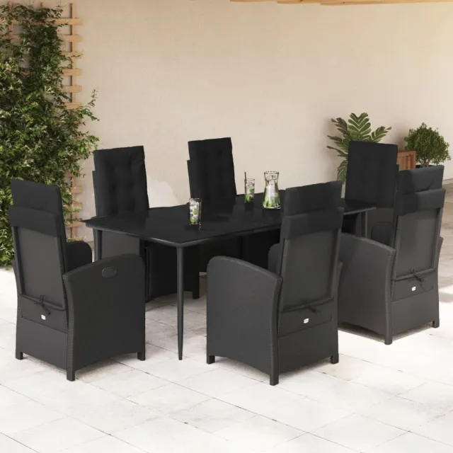 Ensemble à manger de jardin coussins 7pcs Noir Résine tressée