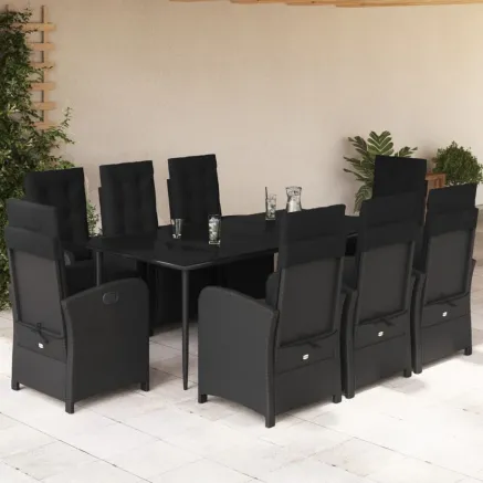 Ensemble à manger de jardin 9pcs coussins noir résine tressée