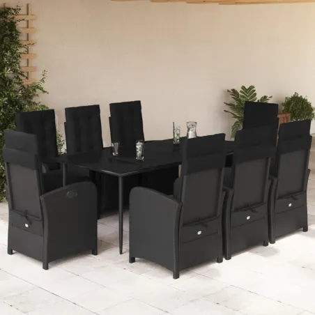 Ensemble à manger de jardin 9pcs coussins noir résine tressée