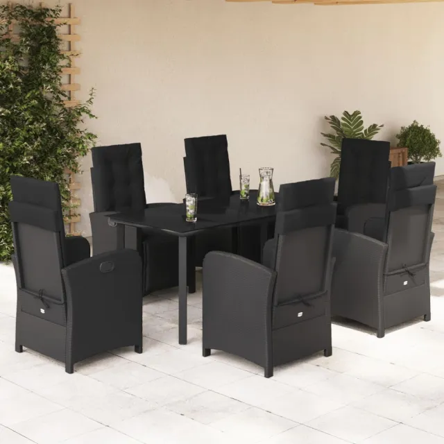 Ensemble à manger de jardin coussins 7pcs Noir Résine tressée