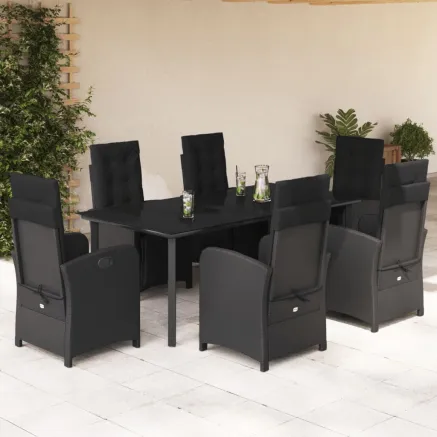 Ensemble à manger de jardin coussins 7pcs Noir Résine tressée
