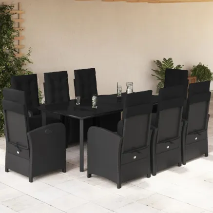 Ensemble à manger de jardin 9pcs coussins noir résine tressée