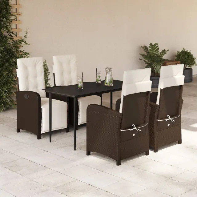 Ensemble à manger de jardin 5 pcs et coussins marron poly rotin