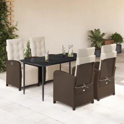 Ensemble à manger de jardin 5 pcs et coussins marron poly rotin