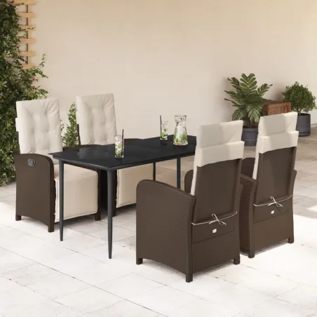 Ensemble à manger de jardin 5 pcs et coussins marron poly rotin