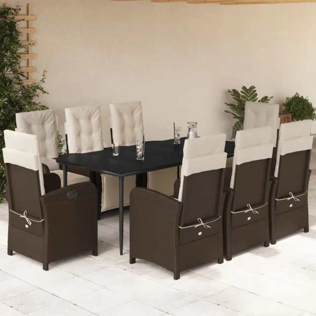 Ensemble à manger de jardin et coussins 9 pcs marron poly rotin