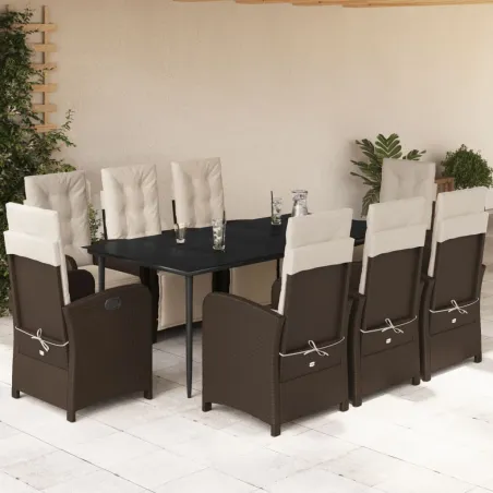 Ensemble à manger de jardin et coussins 9 pcs marron poly rotin