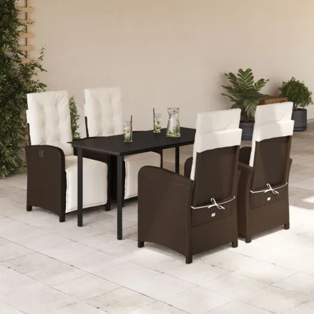Ensemble à manger de jardin 5 pcs et coussins marron poly rotin
