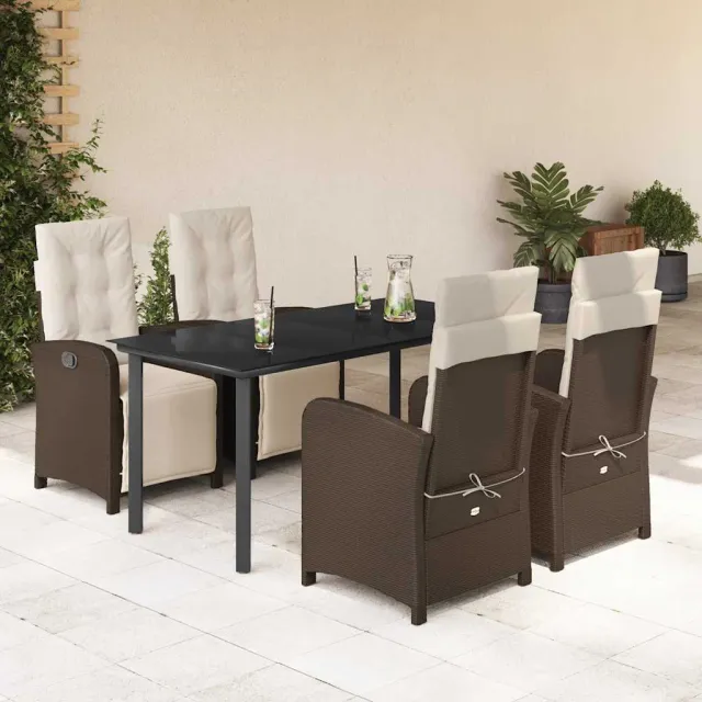Ensemble à manger de jardin 5 pcs et coussins marron poly rotin