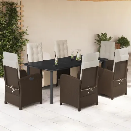 Ensemble à manger de jardin et coussins 7 pcs marron rotin