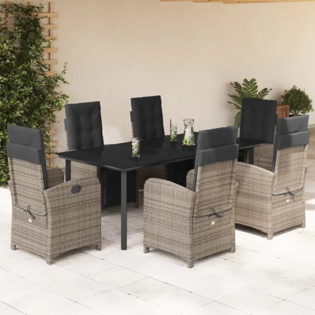 Ensemble à manger de jardin et coussins 7 pcs gris rotin