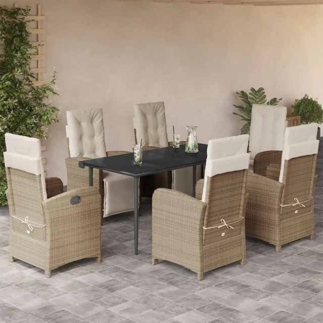 Ensemble à manger de jardin et coussins 7 pcs beige poly rotin