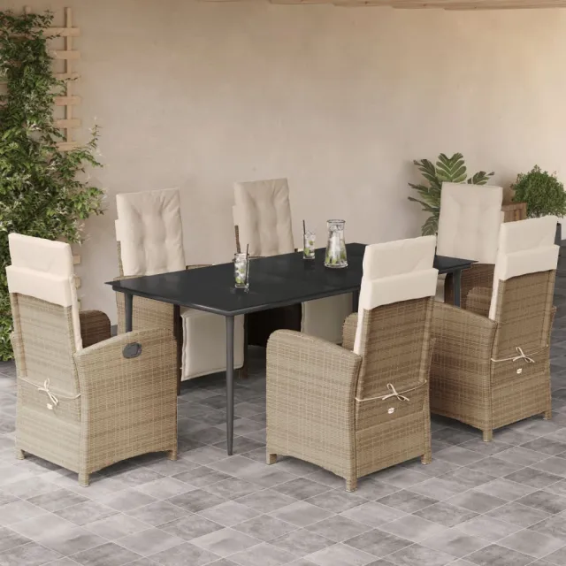 Ensemble à manger de jardin et coussins 7 pcs beige poly rotin