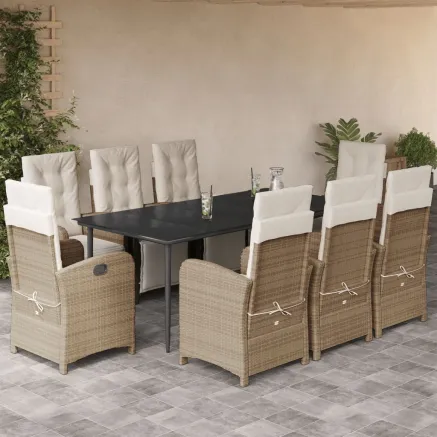 Ensemble à manger de jardin et coussins 9 pcs beige Poly rotin