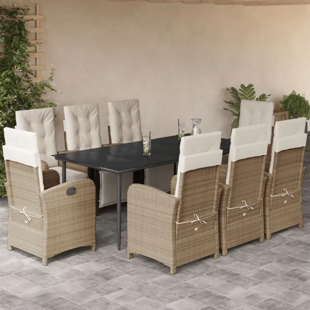 Ensemble à manger de jardin et coussins 9 pcs beige Poly rotin
