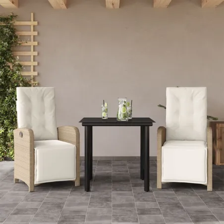 Ensemble de bistro 3 pcs avec coussins beige résine tressée