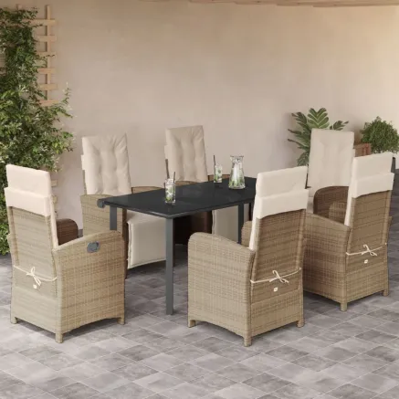 Ensemble à manger de jardin et coussins 7 pcs beige poly rotin