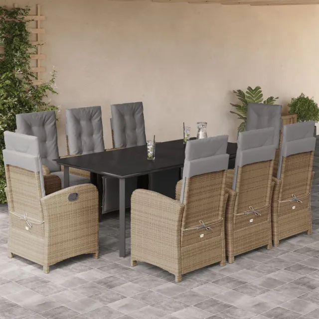 Ensemble à manger de jardin et coussins 9 pcs beige Poly rotin