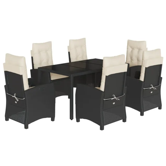 Ensemble à manger de jardin coussins 7pcs Noir Résine tressée