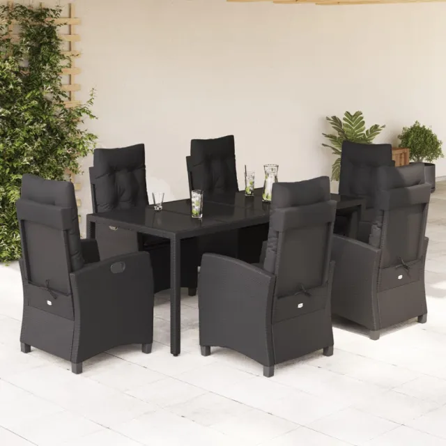 Ensemble à manger de jardin coussins 7pcs Noir Résine tressée