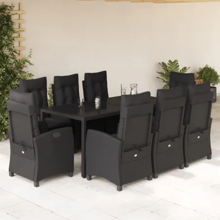 Ensemble à manger de jardin 9pcs coussins noir résine tressée