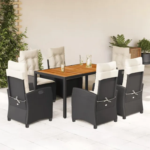 Ensemble à manger de jardin coussins 7pcs Noir Résine tressée