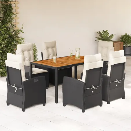 Ensemble à manger de jardin coussins 7pcs Noir Résine tressée