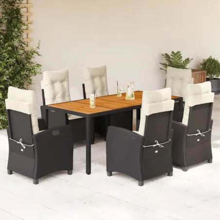 Ensemble à manger de jardin coussins 7pcs Noir Résine tressée