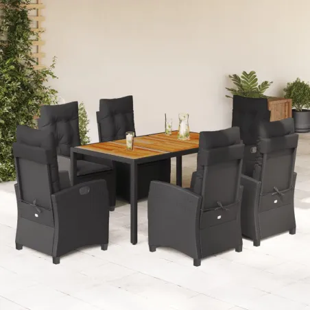 Ensemble à manger de jardin coussins 7pcs Noir Résine tressée