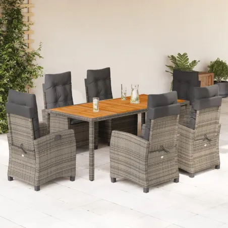 Ensemble à manger de jardin et coussins 7 pcs gris rotin