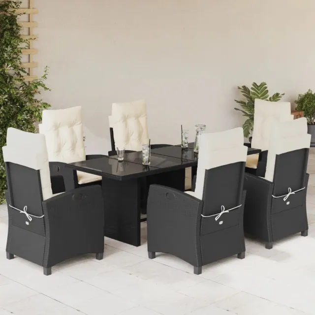 Ensemble à manger de jardin coussins 7pcs Noir Résine tressée