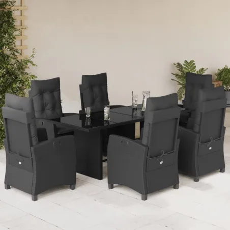 Ensemble à manger de jardin coussins 7pcs Noir Résine tressée