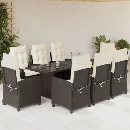 Ensemble à manger de jardin et coussins 9 pcs marron poly rotin