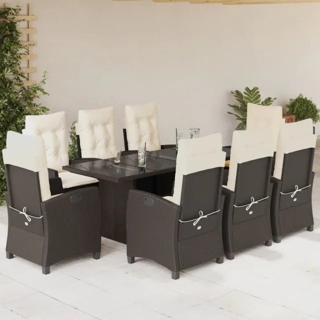 Ensemble à manger de jardin et coussins 9 pcs marron poly rotin