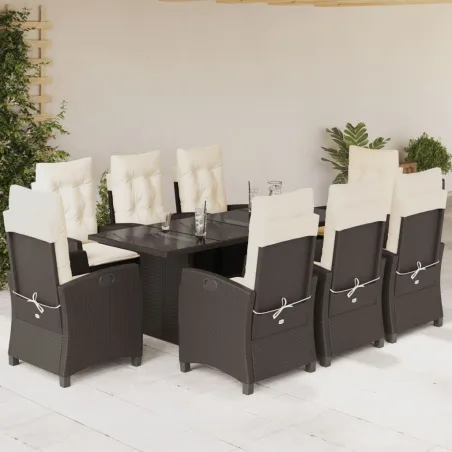 Ensemble à manger de jardin et coussins 9 pcs marron poly rotin