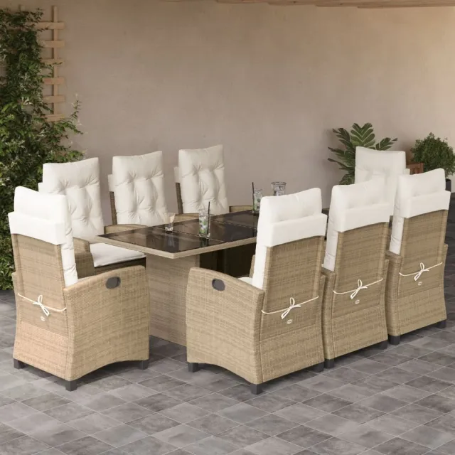 Ensemble à manger de jardin et coussins 9 pcs beige Poly rotin