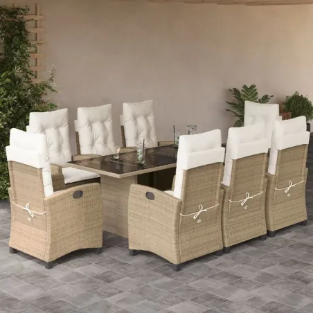 Ensemble à manger de jardin et coussins 9 pcs beige Poly rotin