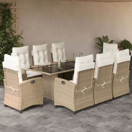 Ensemble à manger de jardin et coussins 9 pcs beige Poly rotin