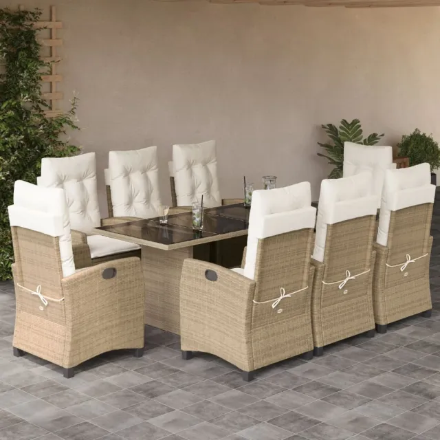 Ensemble à manger de jardin et coussins 9 pcs beige Poly rotin