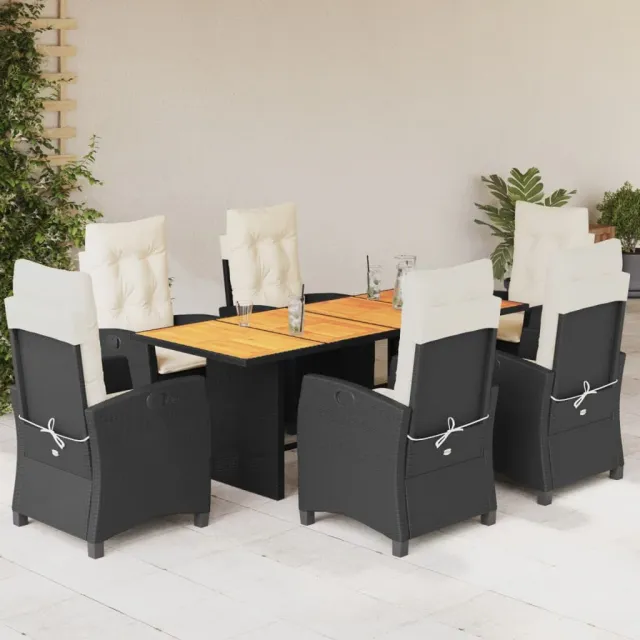 Ensemble à manger de jardin coussins 7pcs Noir Résine tressée